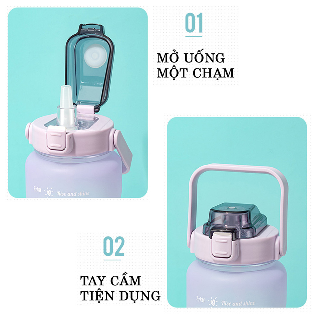 Bình đựng nước 2L dễ thương có vạch báo giờ uống nước - màu sắc cực cool - thương hiệu YY cao cấp