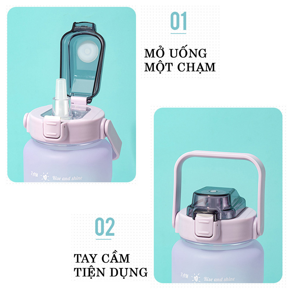 Bình đựng nước 2L dễ thương có vạch báo giờ uống nước - màu sắc cực cool - thương hiệu YY cao cấp