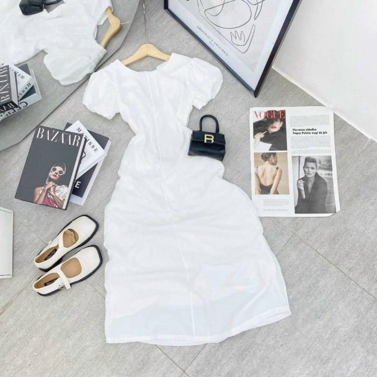 Đầm váy maxi lưng dây rút linen full lót lụa tay phồng hở lưng cổ tròn midi trắng đi biển dự tiệc cao cấp size S M L