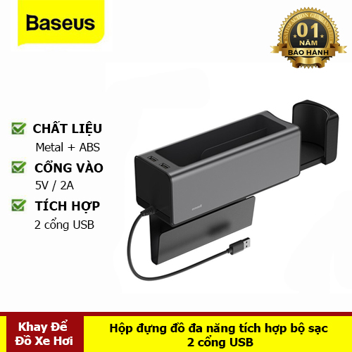 Hộp Để Đồ Trên Xe Hơi Chính hãng Baseus Tích Hợp Bộ Sạc 2 Cổng USB Chất Liệu Hợp Kim