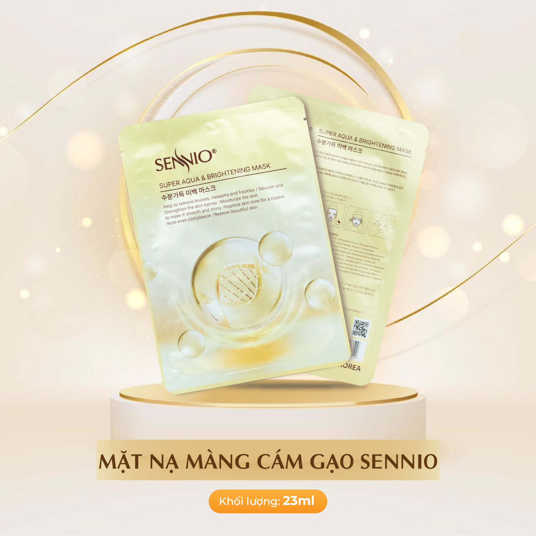 Mặt nạ cám gạo cấp ẩm Sennio Supper Aqua &amp; Brightening Mask dưỡng trắng da ngăn ngừa lão hoá 23ml SNO 821