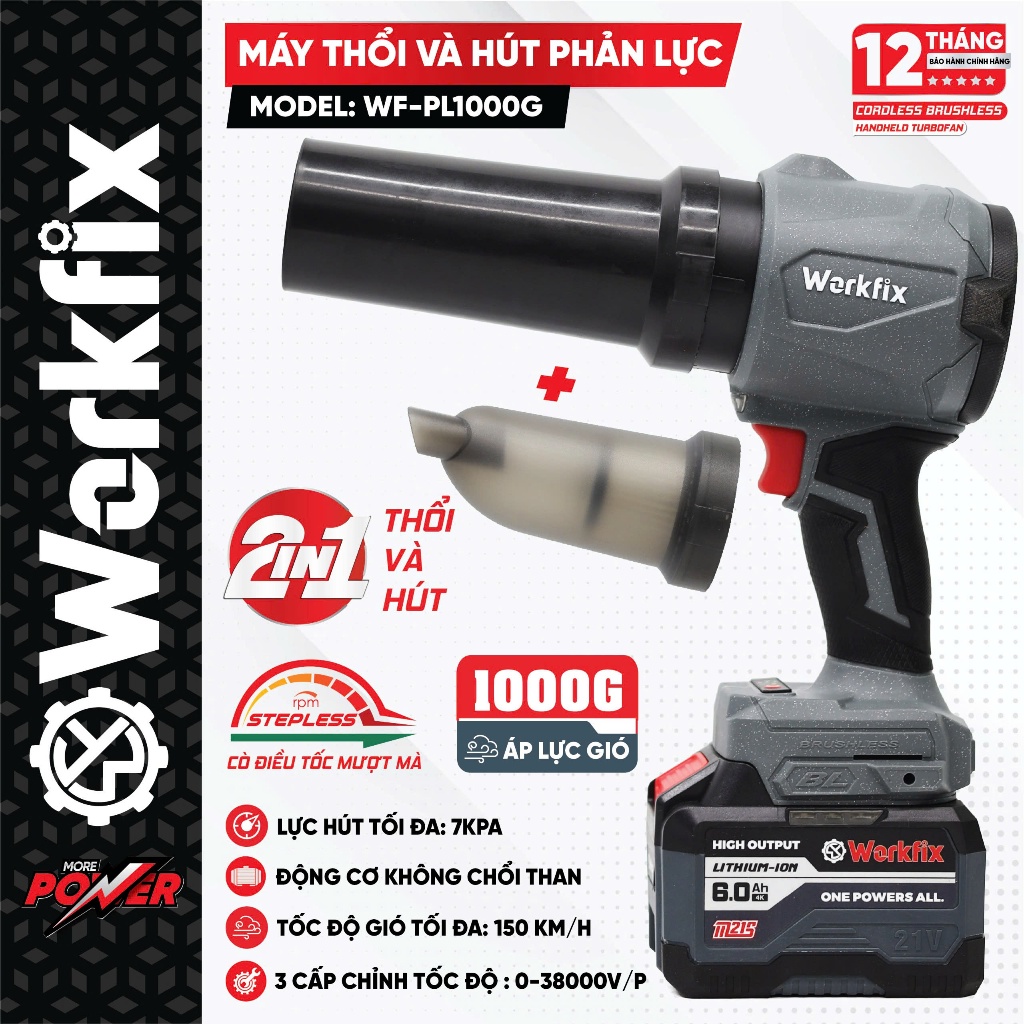 Máy Thổi Phản Lực Pin WF WF-PL1000G, Lực Thổi Lớn 1000g, 3 Tốc Độ - 2 Chức Năng Vừa Hút Vừa Thổi