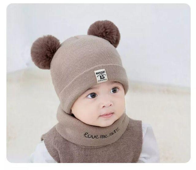 Bộ mũ gấu kèm khăn ống cho bé 0-12 tháng