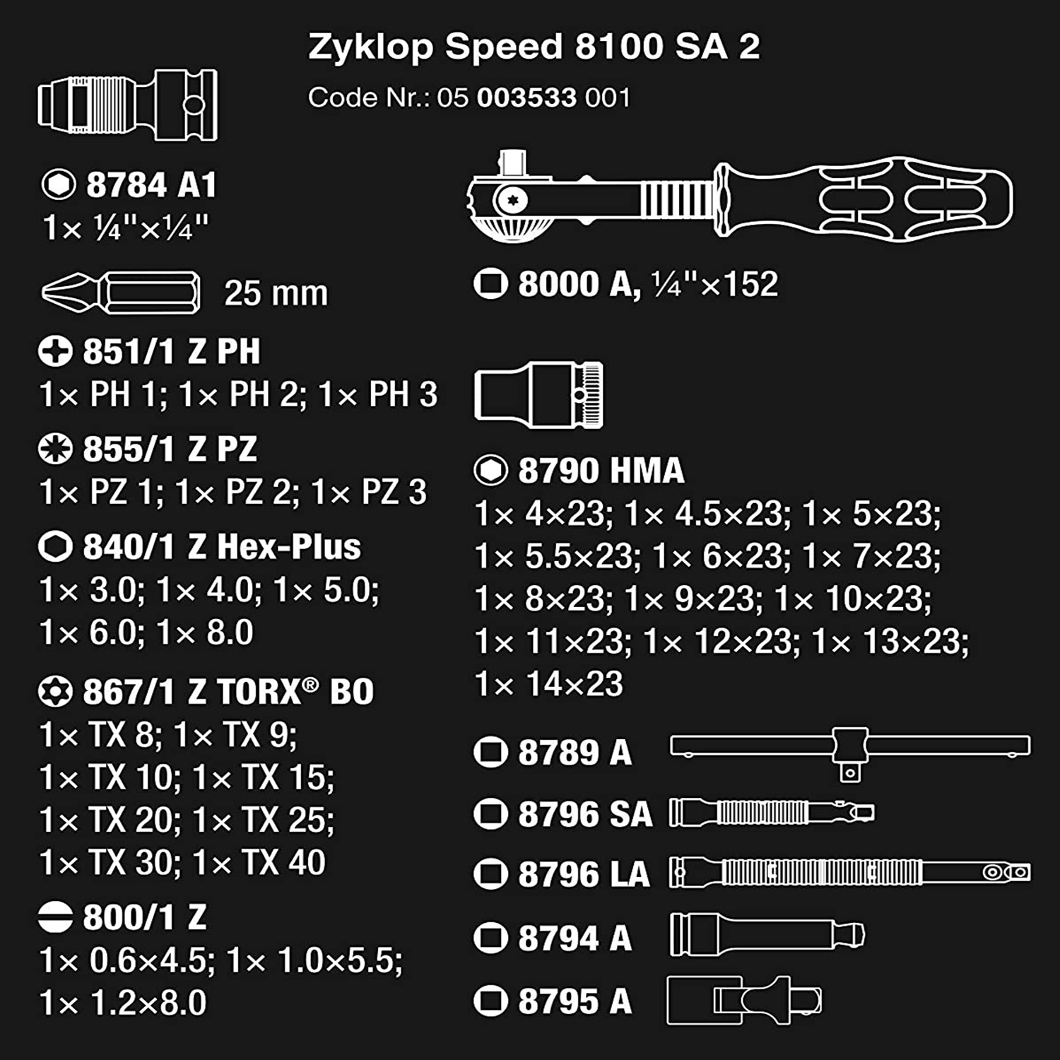 Bộ dụng cụ đa năng tròng cóc Wera 05003533001  8100 SA 2 Zyklop Speed Ratchet , 1/4&quot;, gồm 42 chi tiết