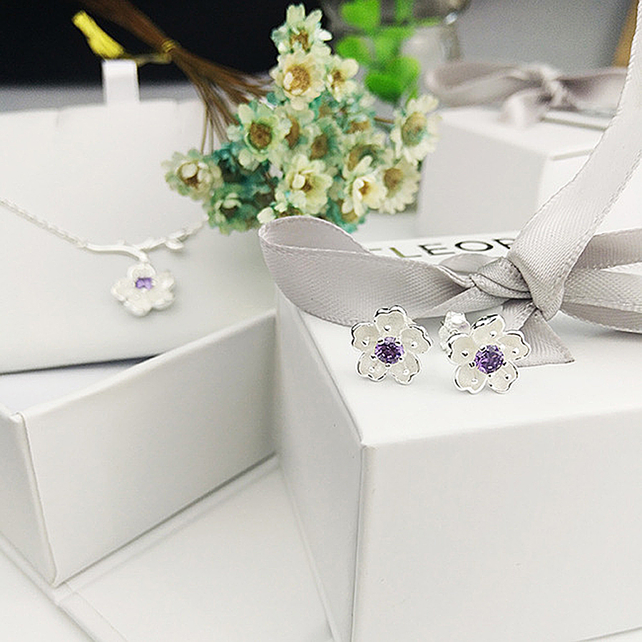 Trang sức Bạc - Bộ trang sức bạc nữ hoa mai pha lê tím