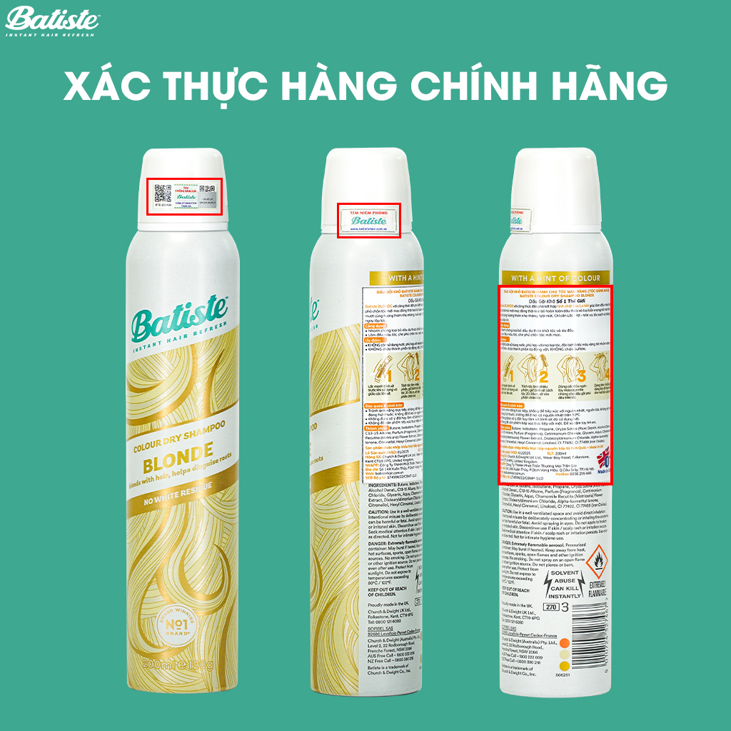 Dầu Gội Khô Dành Cho Tóc Vàng, Tóc Sáng Màu - Batiste Colour Dry Shampoo BLONDE 200ml