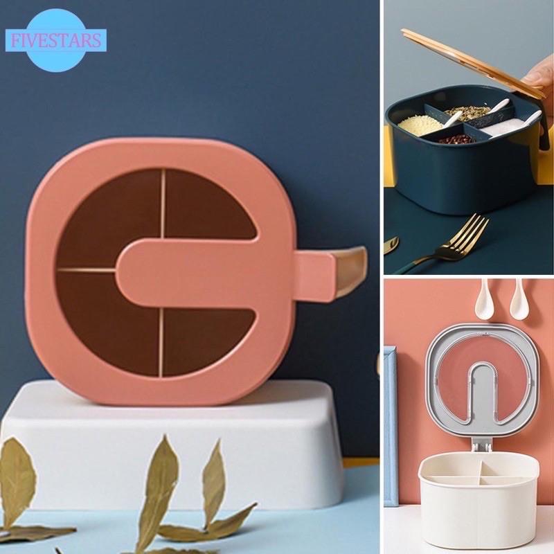 Hũ gia vị,hộp đựng gia vị 4 ngăn kèm thìa cao cấp