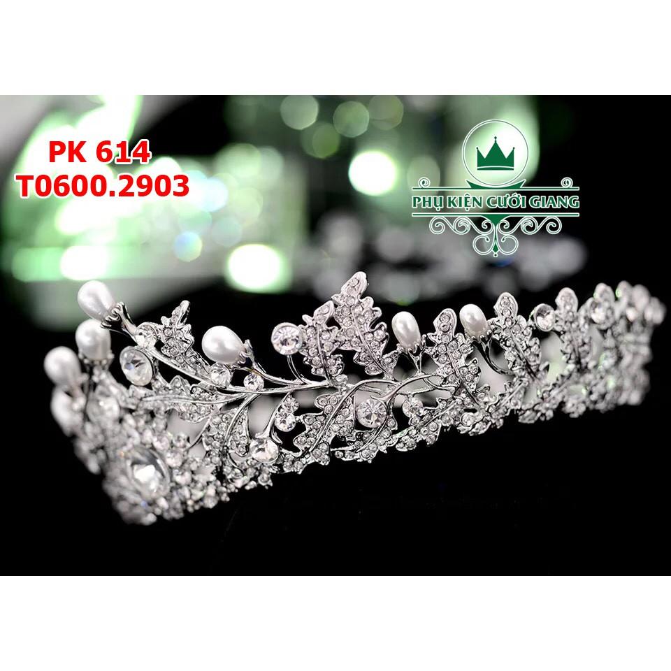 Vương miện cô dâu tròn hạt trai tạo hình đẹp cao cấp xi mạ không đen
