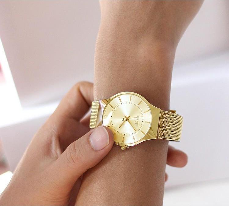 Combo đồng hồ nữ siêu mỏng ôm tay và lắc tay nữ Julius Hàn Quốc 1129 màu vàng