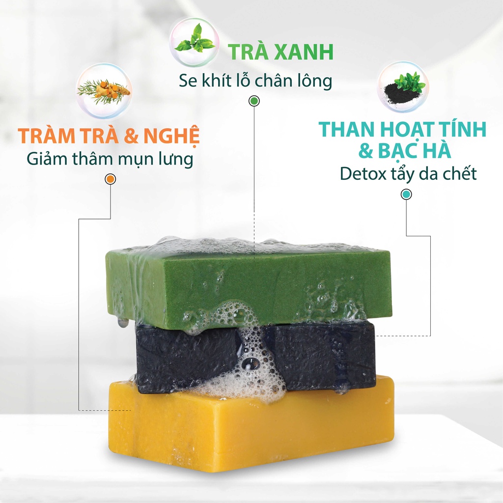 Xà Phòng Tắm Thảo Mộc MILAGANICS Giảm Mụn Lưng, Trắng Da, Mờ Thâm (Tràm Nghệ, Than Tre, Trà Xanh) MILAGANICS 100gr (Hộp) - Quà tặng kèm Bông tạo bọt