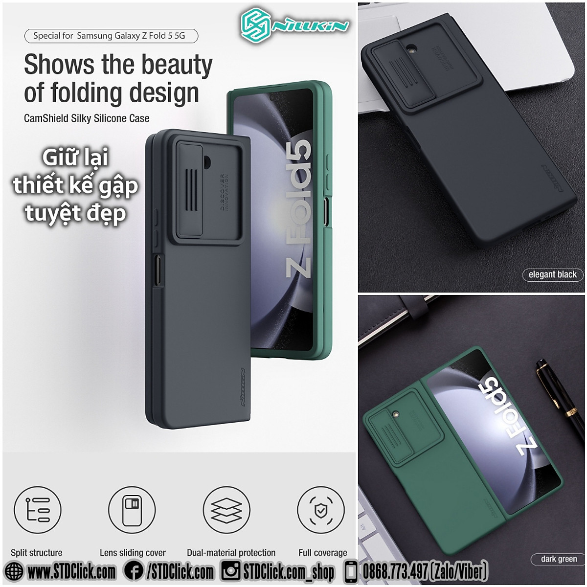 Ốp lưng chống sốc silicon cho Samsung Galaxy Z Fold 5 bảo vệ Camera hiệu Nillkin Camshield Silky Silicon Case (chống sốc cực tốt, chất liệu cao cấp, có khung và nắp đậy bảo vệ Camera) - hàng nhập khẩu