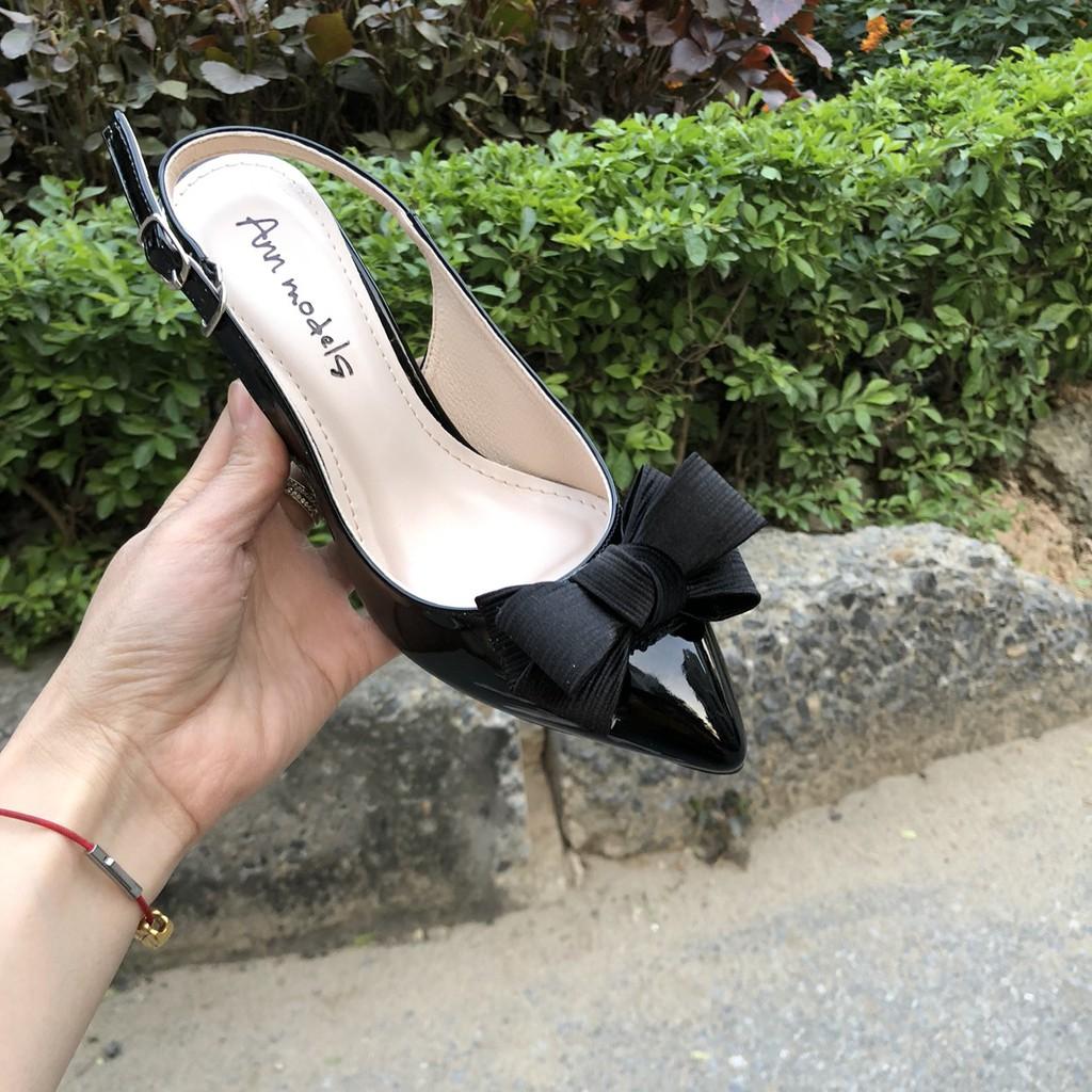 Giày cao gót Anna thời trang mũi nhọn phối dây hở gót nơ bồng cao 5cm-A26KH