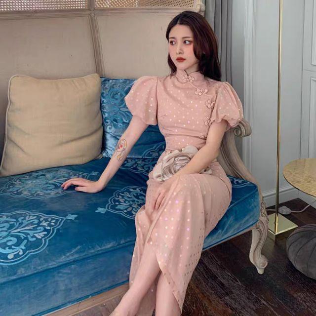 Đầm sườn xám váy cách tân xẻ ôm body dự tiệc hồng sữa nude hai lớp xinh đẹp nữ tính trung hoa