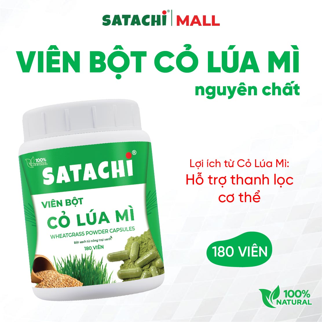 Viên Bột Cỏ Lúa Mì Nguyên Chất SATACHI – 100% Cỏ Lúa Mì Tươi - Dạng Viên Tiện Lợi - Hộp 180 viên