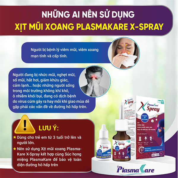 Dung dịch xịt mũi xoang nano bạc PlasmaKare X - Spray chuyên cho viêm xoang cấp và mạn tính, viêm mũi dị ứng, giảm hoặc mất khứu giác