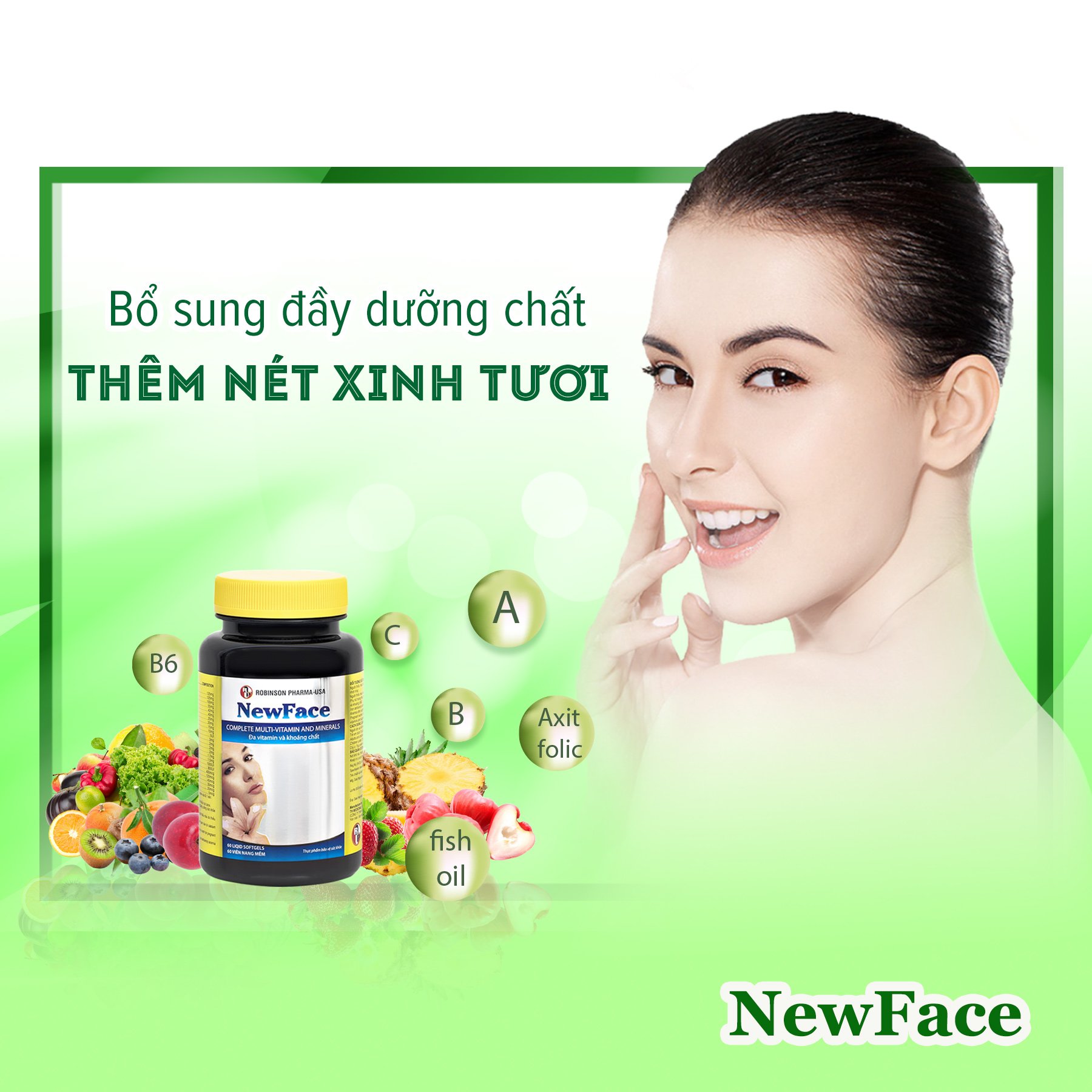 TPCN viên uống NEWFACE- Robinson Pharma Usa giúp bổ sung sắt,DHA,Vitamin và khoáng chất,cân bằng nội tiết tố...chai 60 viên