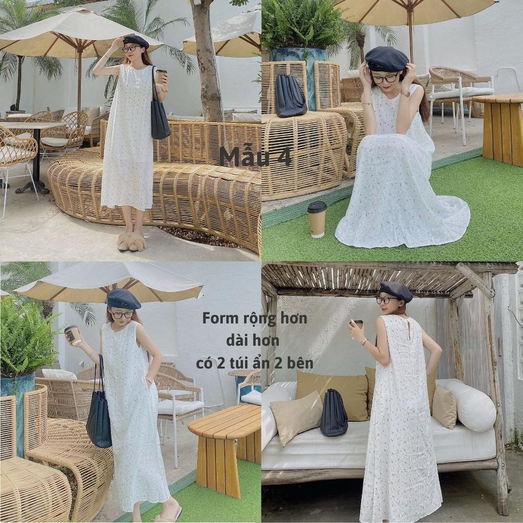 Đầm suông, Váy yếm dài, Đầm maxi hoa nhí Cao Cấp dáng suông vàng trắng, form rộng dài qua gối - MiNhi