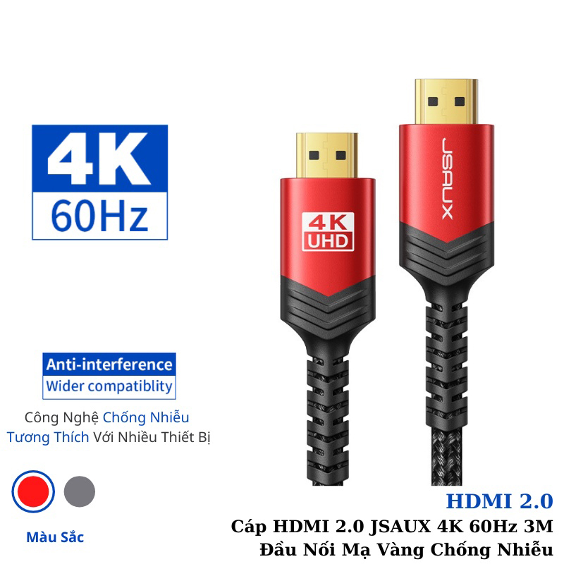 Hàng chính hãng - Cáp HDMI 2.0 JSAUX 4K 60Hz 3M Đầu Nối Mạ Vàng Chống Nhiễu - Tương Thích Với Tất Cả Cổng Kết Nối HDMI - HDMI to HDMI