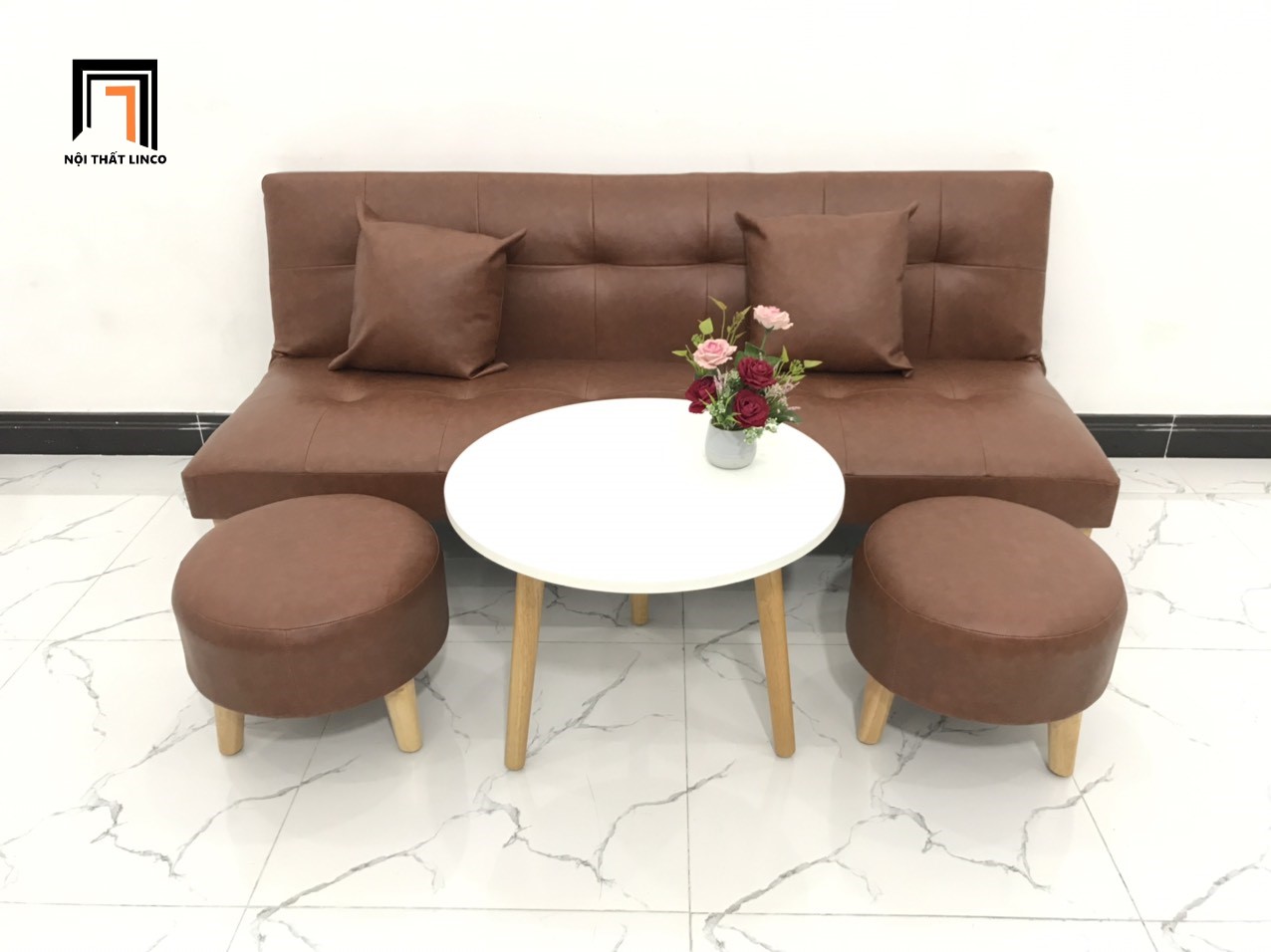 Bộ ghế sofa giường màu nâu cafe simili giả da nhiều kích cỡ