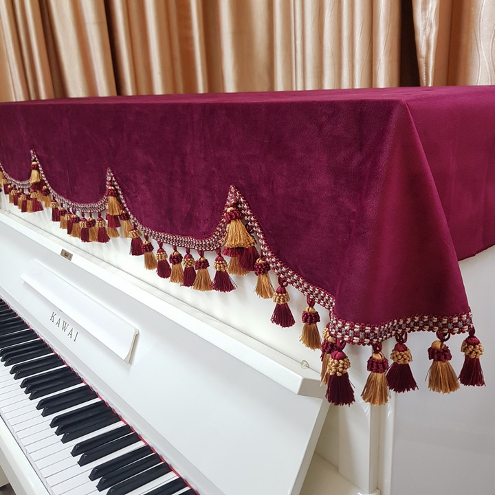 Khăn Phủ đàn Piano nhung đỏ cao cấp phối tua rua chùm sang trọng