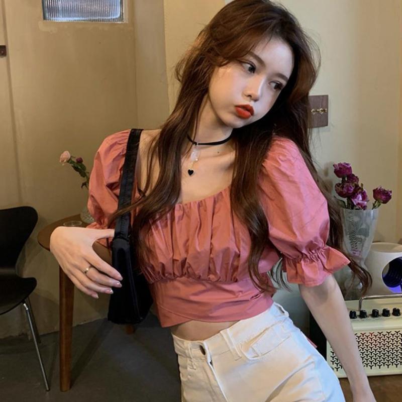 Áo kiểu cho nữ Sexy tay phồng ngắn xẻ , cổ chữ U trễ vai phong cách Hàn Quốc đáng yêu