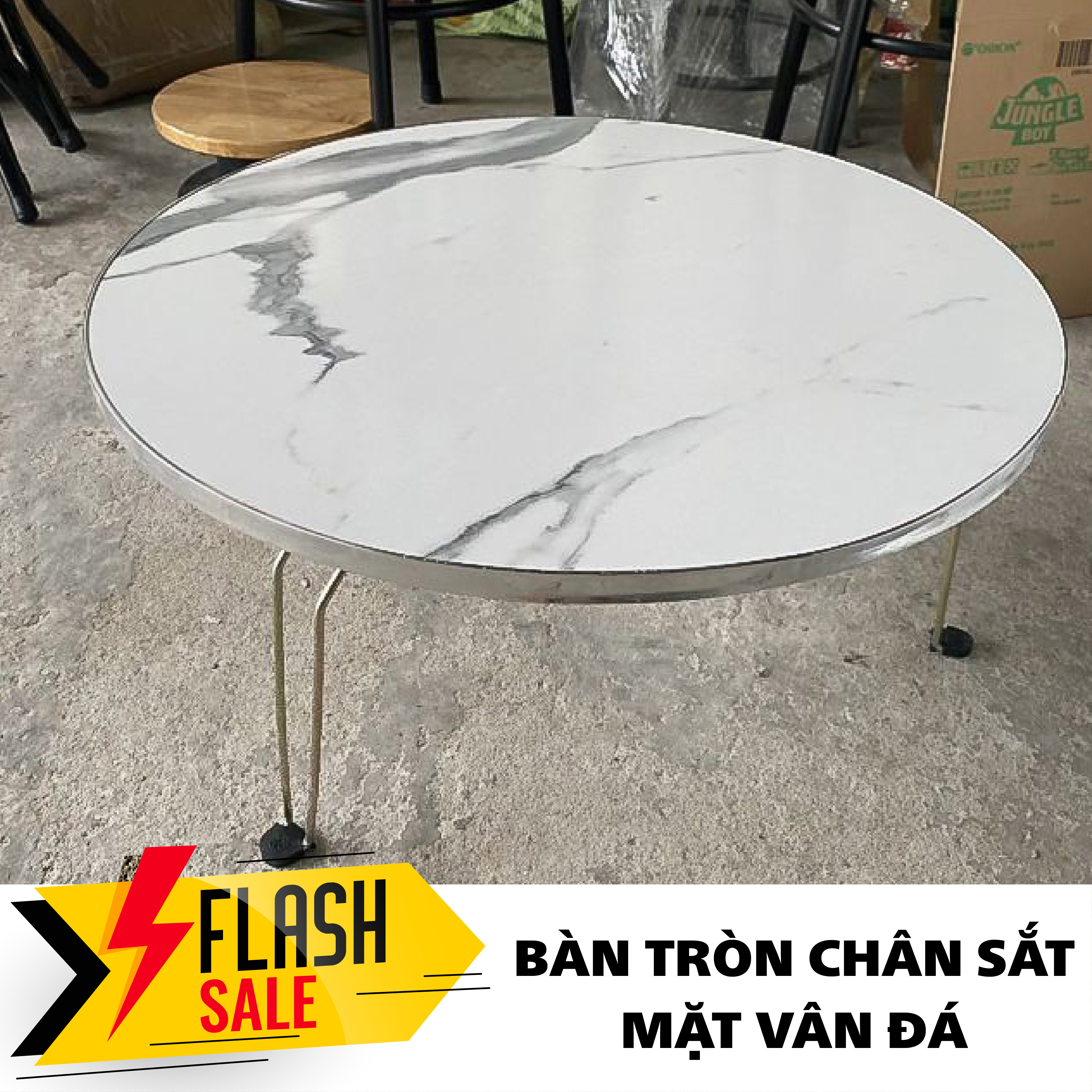 Bàn làm việc, bàn ăn, bàn trà Cafe mặt vân đá chân sắt gấp gọn tiện lợi, đa năng đường kính 60cm