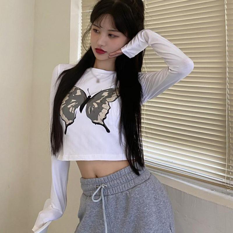 NEW BUTTERFLY Áo Thun Nữ Tay Dài Dáng Ôm In Hình Bướm Thời Trang