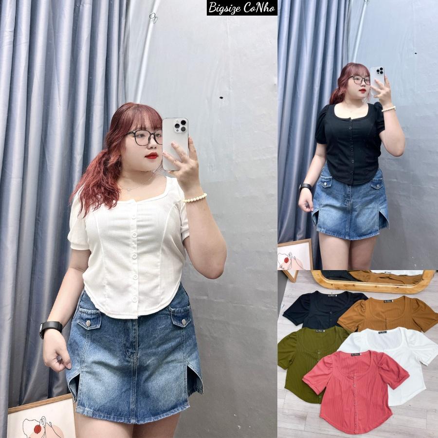 Áo thun tay ngắn cổ vuông bigsize nút kiểu bigsizeconho dáng croptop, Áo phông phom rộng chất gân tăm 58-92kg G39 - Trắng