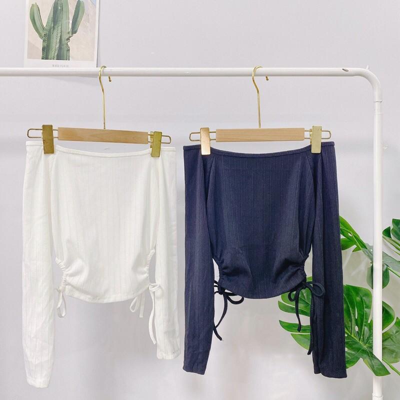Áo bẹt vai dài tay buộc nơ 2 bên, áo thun nữ dài tay, ôm body, lên form cực chuẩn