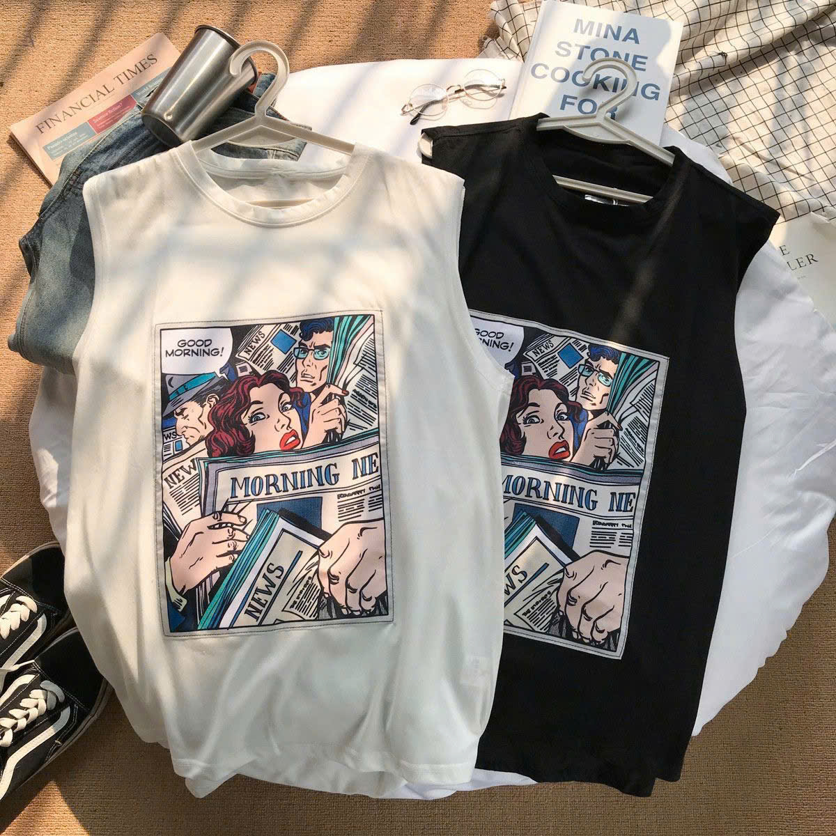 Áo thun ba lỗ nam nữ 2N Unisex hình cô gái màu trắng/ đen