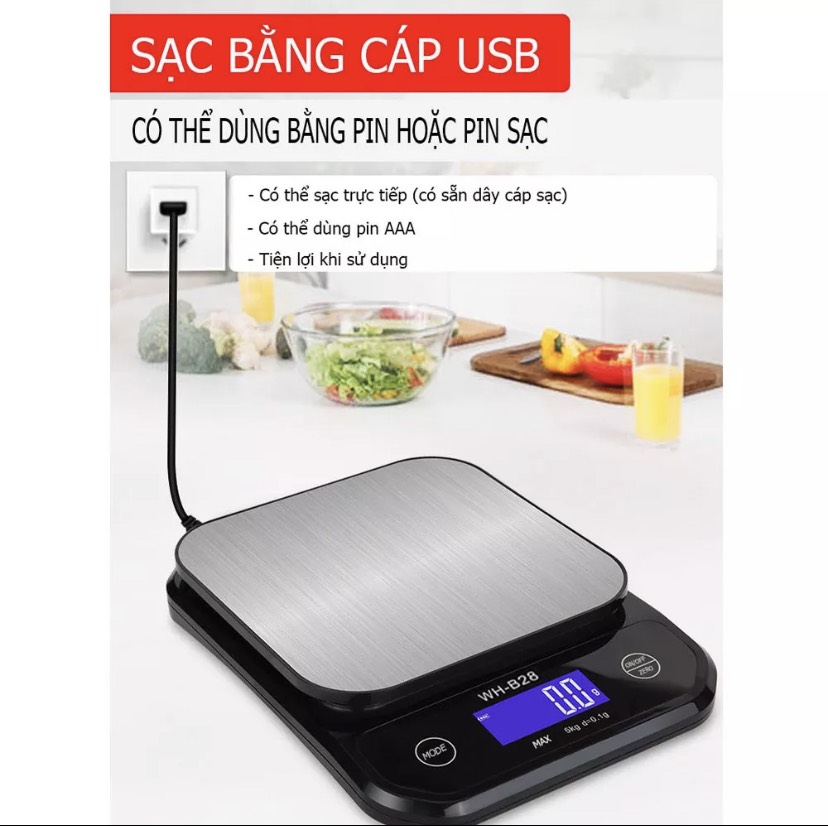 Cân bếp điện tử chống nước 5kg/0.1g - 10kg/1g WH-B28 (có kèm cáp sạc) sạc USB