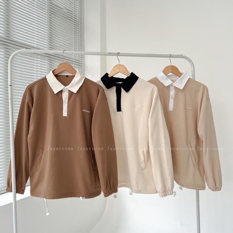 Áo Sweater Polo MOZY màu HỒNG/NÂU/ĐEN Phối Cổ Trắng Form Rộng Ulzzang Unisex Nam nữ unisex Áo Sweater có cổ