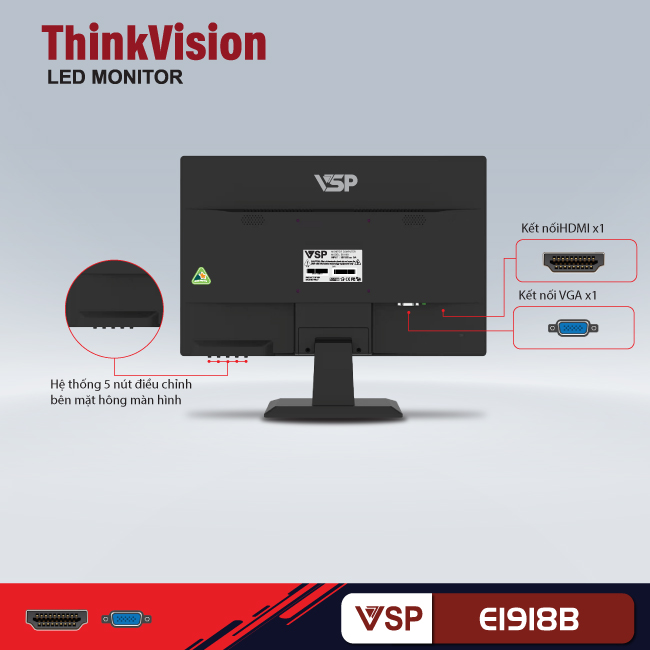 Màn hình máy tính 19inch Led Monitor E1918B (TN 75Hz 5Ms VGA HDMI) - Hàng chính hãng TECH VISION phân phối