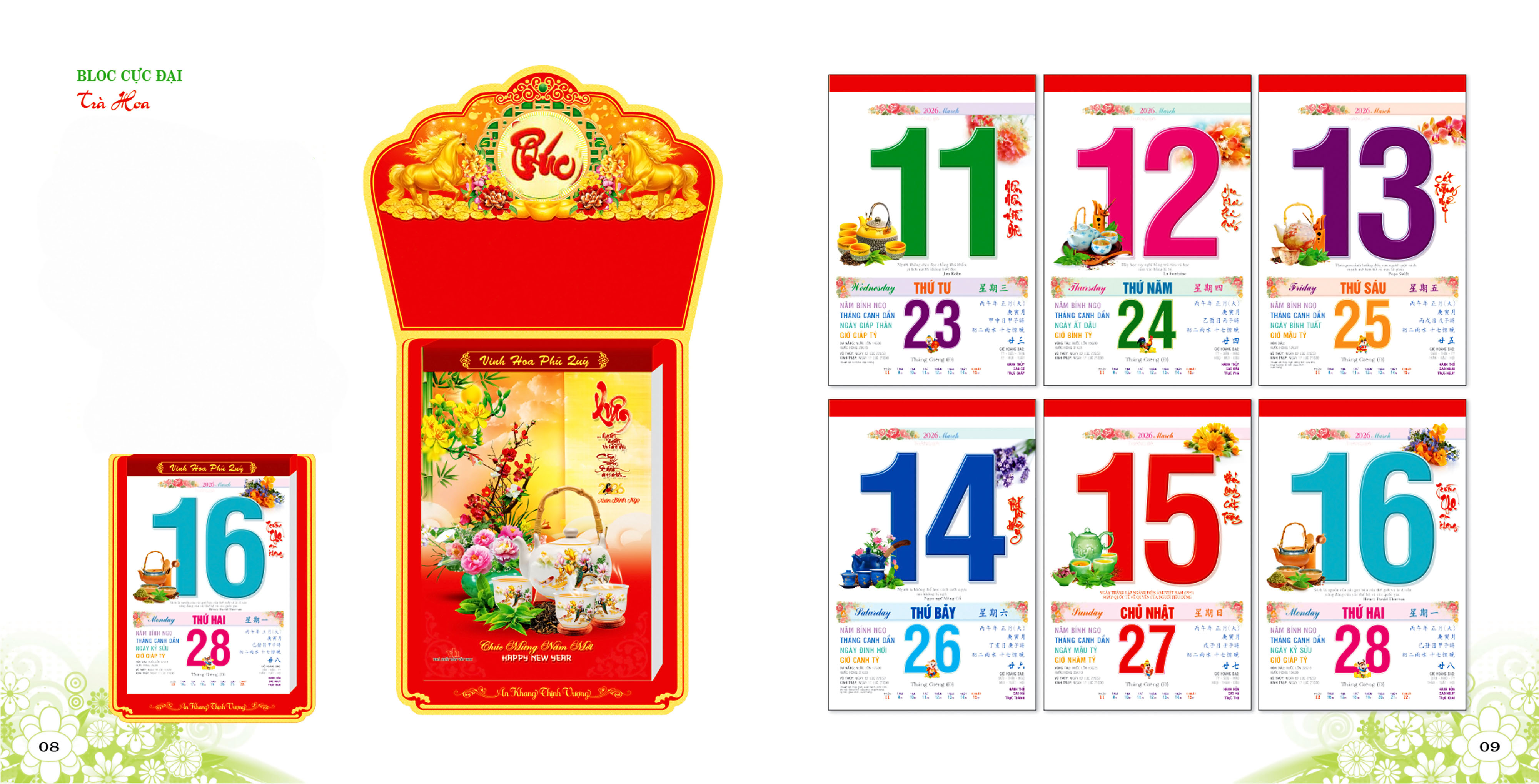 Lịch Trà Đạo khổ bloc 25 * 35 chiều dài tổng 70 cm mừng xuân 2026 Bính Ngọ có ngày giờ Hoàng Đạo chính xác