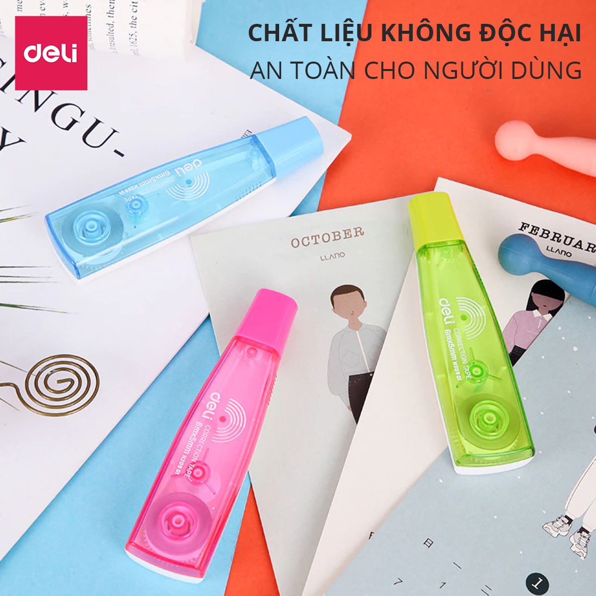 Băng xóa bút xóa kéo 6m Deli - Hồng/ Xanh Dương/ Xanh lá - EH20901