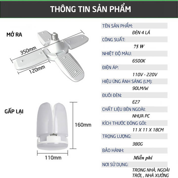 Bóng Đèn Led Cánh Quạt 4 Cánh 75W Siêu Sáng, Chuôi Xoáy E27 Ánh Sáng Trắng Tiết Kiệm Điện