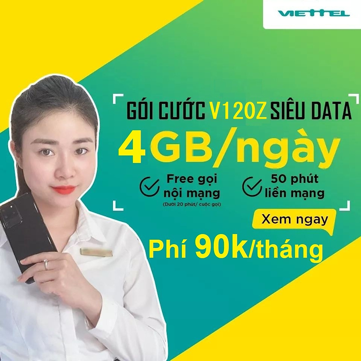 SIM VIETTEL SỐ ĐẸP V120Z 120GB/THÁNG, MIỄN PHÍ CÁC CUỘC GỌI NỘI MẠNG, MIỄN PHÍ 50 PHÚT NGOẠI MẠNG