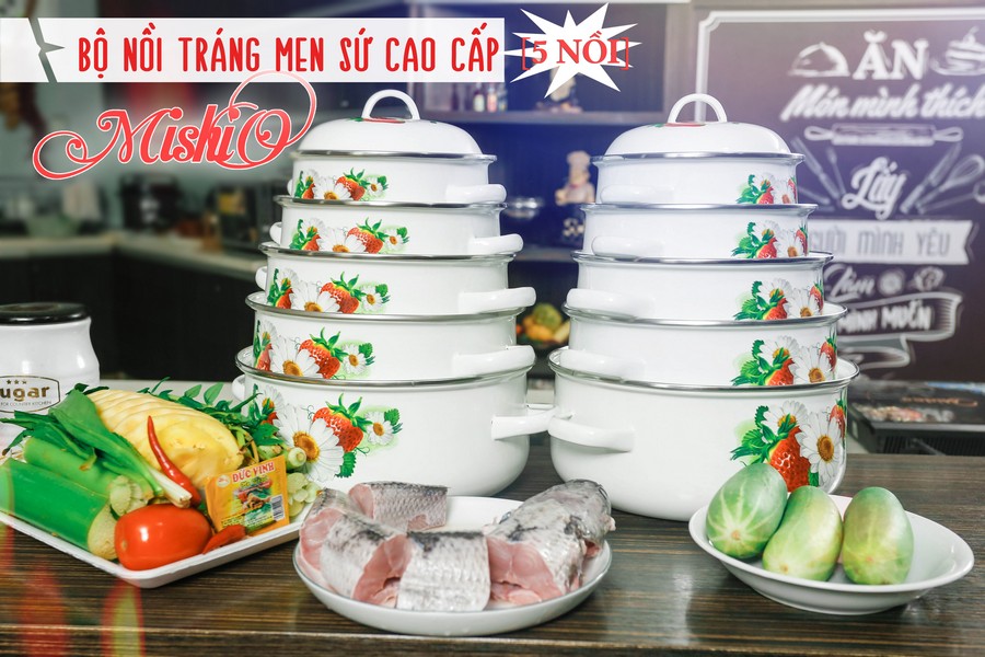 Bộ 5 nồi thép carbon đáy từ tráng men sứ cao cấp Mishio