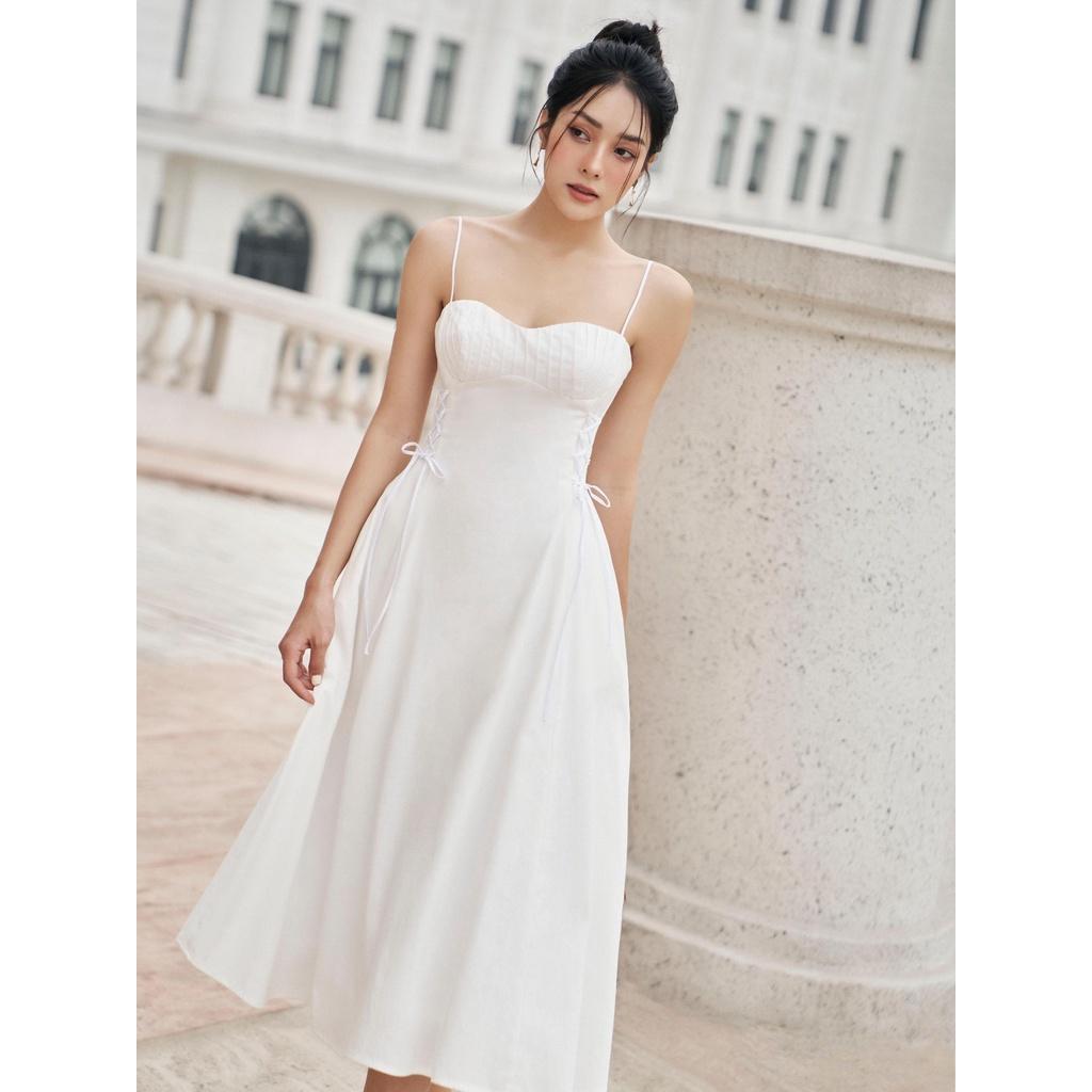 RECHIC Đầm dài Taylor chất linen kiểu hay dây có rút dây ở eo dịu dàng nữ tính phù hợp đi các buổi tiệc
