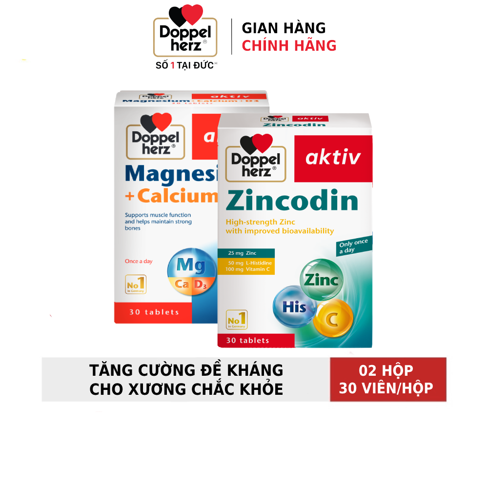 Bộ đôi bổ sung kẽm, vitamin C, Canxi, Vitamin D3 hỗ trợ đề kháng và xương khớp Doppelherz Zincodin + Magie Canxi D3