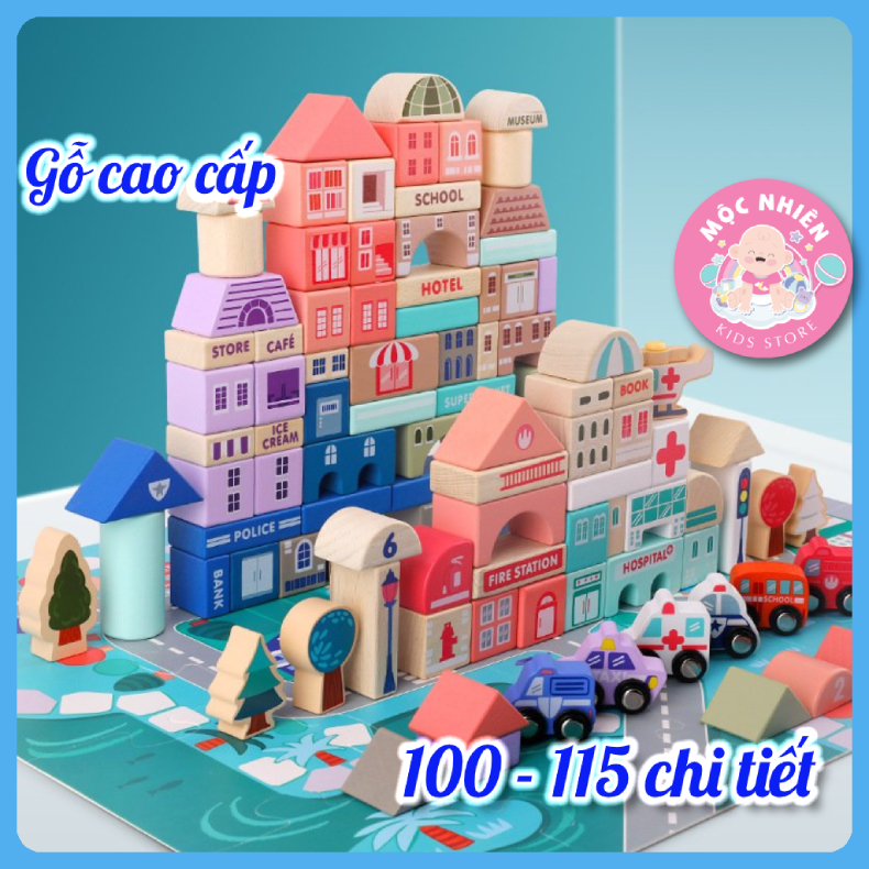 Đồ chơi xếp hình bằng gỗ Mô hình Thành phố tương lai thông minh có Bánh xe di chuyển được