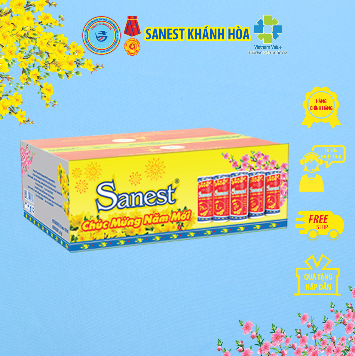 Thùng 30 lon Nước Yến sào Khánh Hòa Sanest Xuân đóng lon 190ml - Sản phẩm sử dụng đường dành cho người ăn kiêng