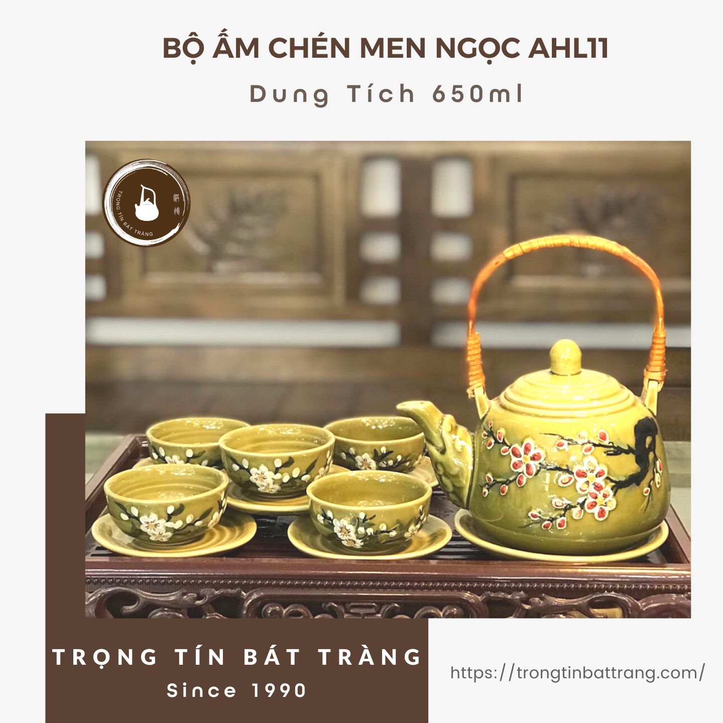 Bộ Ấm Chén Giả Cổ Thời Lý Bát Tràng Họa Tiết Hoa Mai Đỏ Dáng Quần Hoa Đề Lương Dung Tích 650ml AHL 11