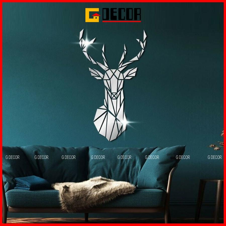 Decal dán tường 3D dạng gương hình đầu hươu làm bằng Acrylic dùng để trang trí nội thất, nhà cửa, decor phòng khách, spa