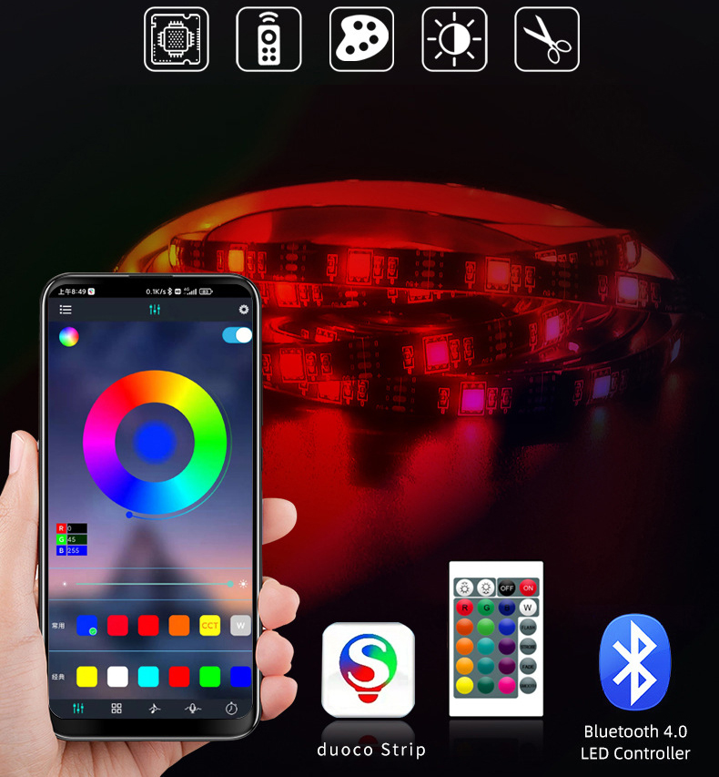 Dây Đèn Led Đổi Màu GRB 5M Kết Nối Bluetooth Có Remote