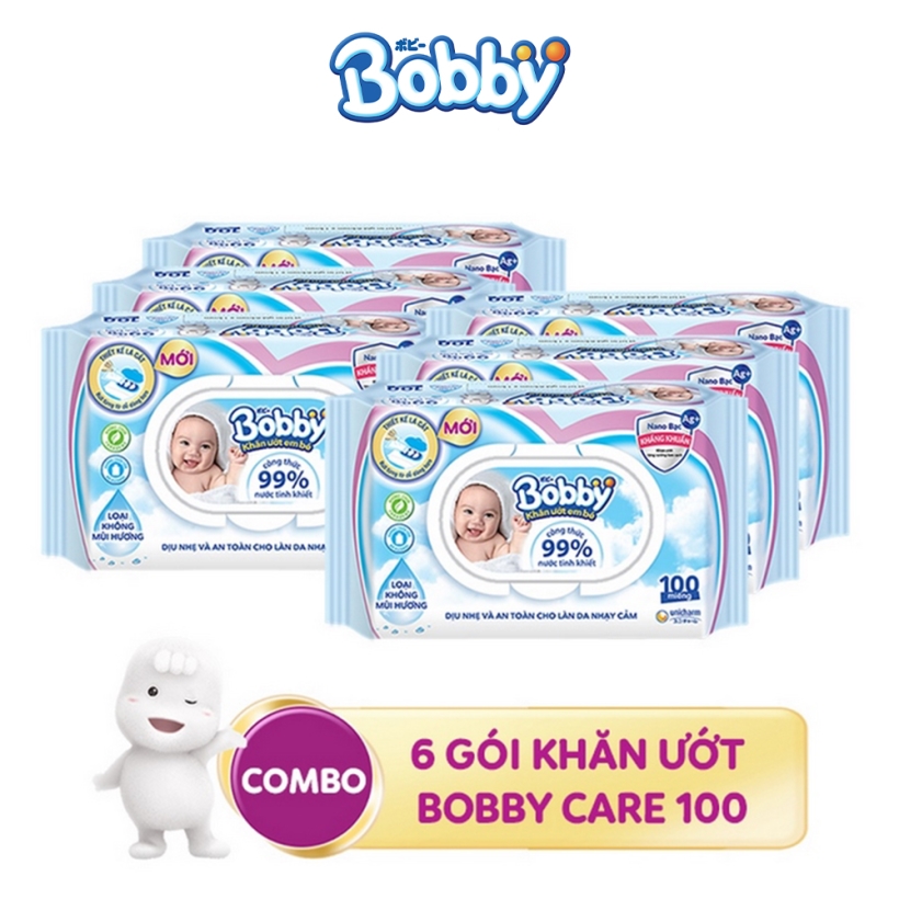 Combo Tiết Kiệm: 6 Gói Khăn Ướt Bobby Care Không Hương 100 Miếng/Gói