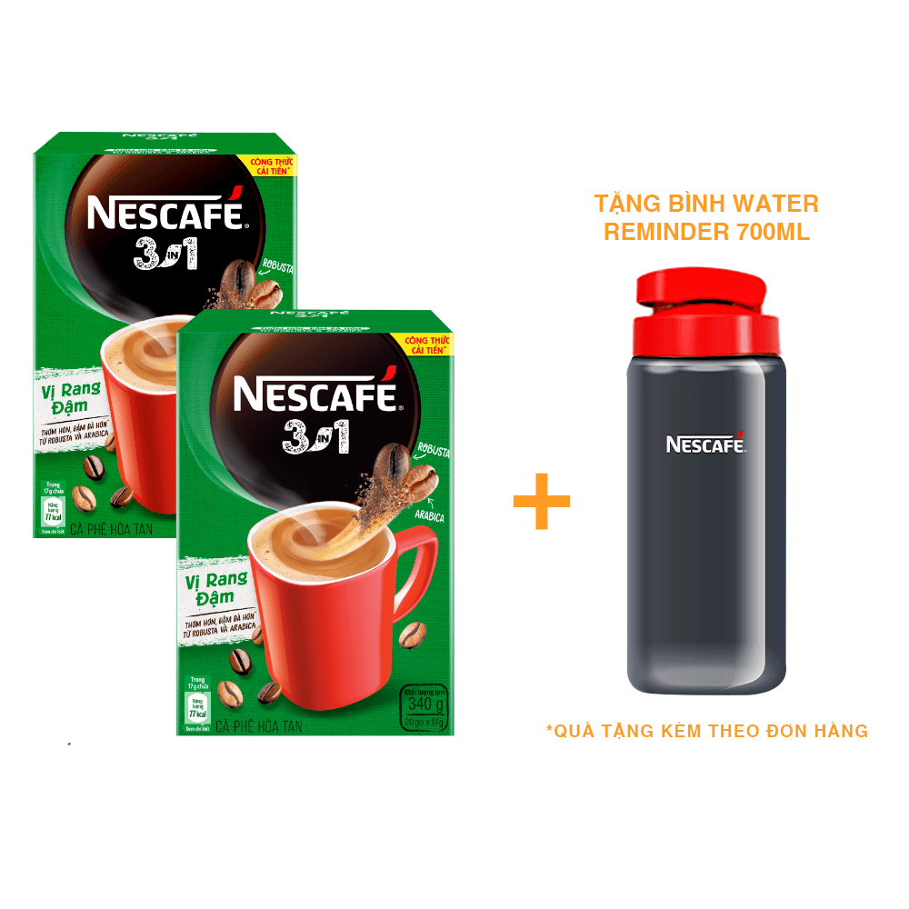 Combo 2 hộp NESCAFÉ 3IN1 Công thức cải tiến - Vị rang đậm  - Hộp 20 gói x 17 g - [Tặng 1 bình nước Water Reminder 700ml]