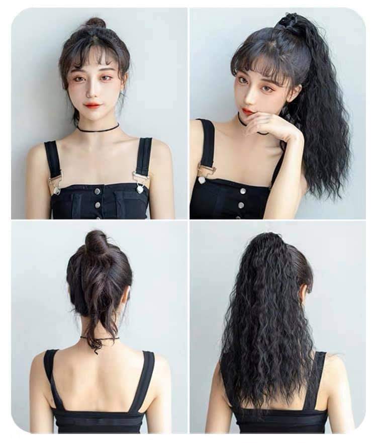 Tóc giả nữ cột xù mì ngắn, tóc giả buộc xoăn sóng