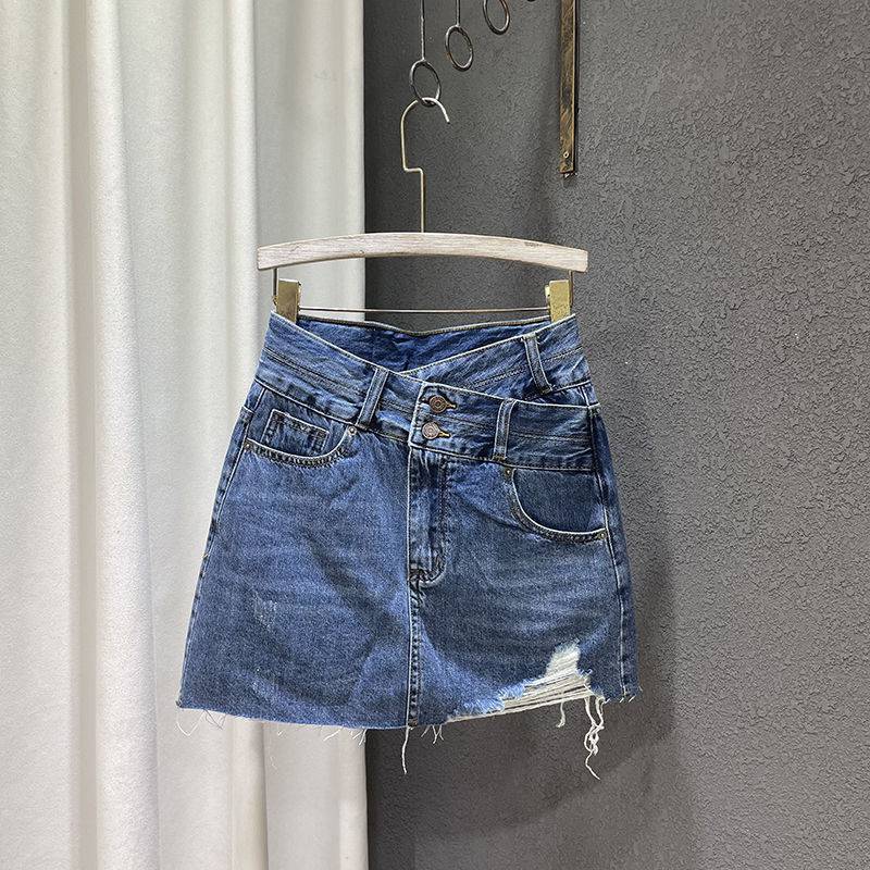 Chân váy jeans nữ HQJeans lưng đắp chéo cá tính lai tua rách trên gối