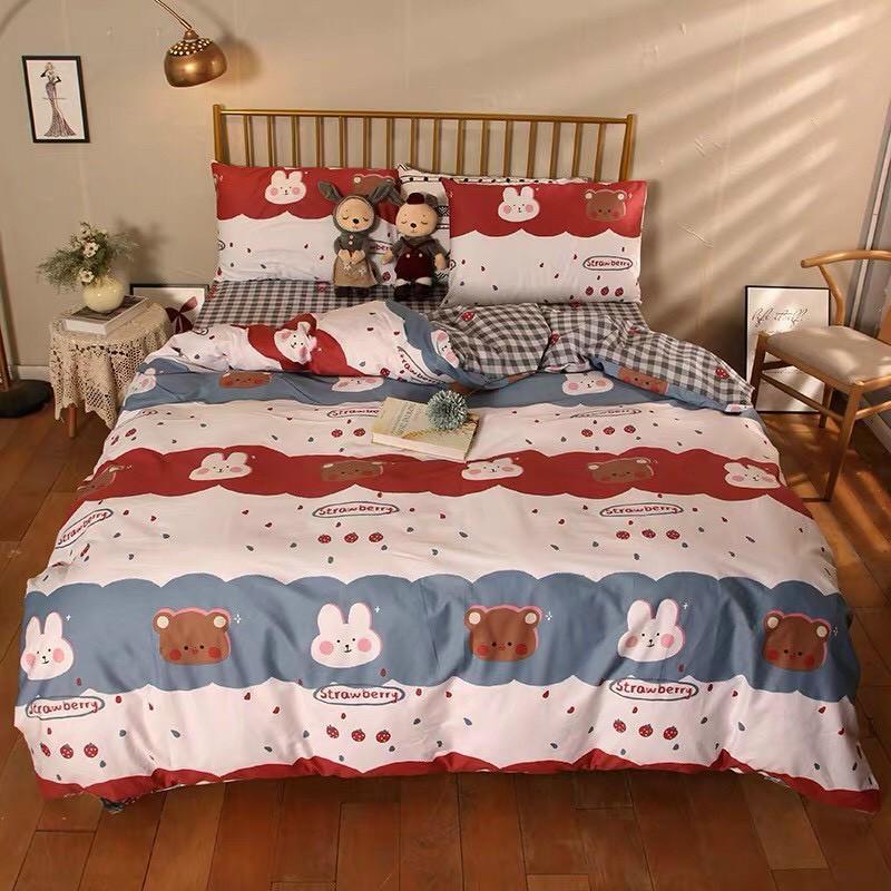 Bộ chăn ga cotton poly M2T Bedding chăn ga Hàn Quốc họa tiết Gấu và Thỏ đủ size miễn phí bo chun